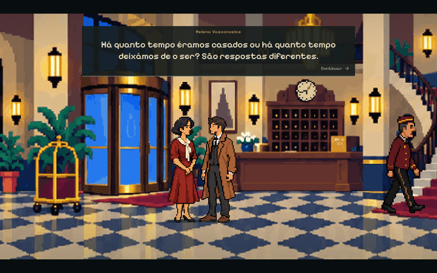 Cena de diálogo no hotel em BATISTA — Ecos de 1974